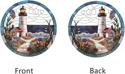 Lighthouse Stained Window Hangings with Chain– Acrylic Round Ornament for Garden, Patio and Indoor Decor, Housewarming Gift for Mom, Grandma