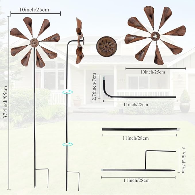 DREAMYSOUL 2 Pack Wind Spinners Outdoor, 10" Dia Metal Pinwheels for Yard and Garden, Kinetic Wind Sculptures & Spinner Outside (Copper)