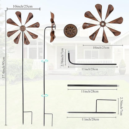 DREAMYSOUL 2 Pack Wind Spinners Outdoor, 10" Dia Metal Pinwheels for Yard and Garden, Kinetic Wind Sculptures & Spinner Outside (Copper)