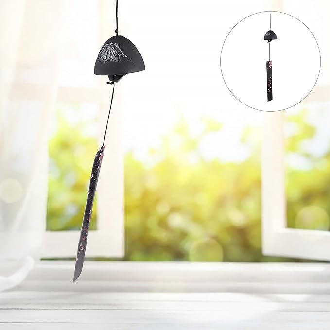 Amosfun Cast Iron Mount Fuji Wind Chime Hanging Outdoor Decor Japanese Furin Bell Relaxing Sound Patio Garden Decoration 2.55X2.55X17.32In