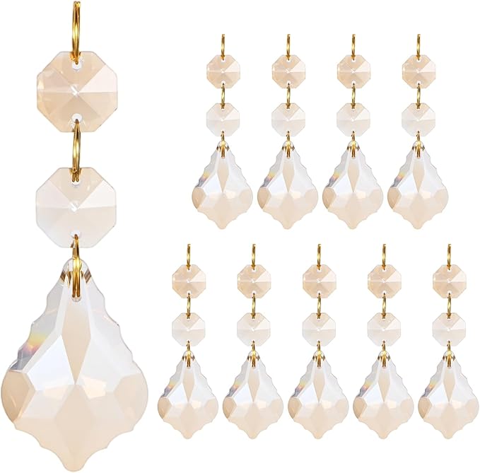 M METERXITY 10PCS Crystal Suncatcher 2 Leaves Prisms Pendants Ornament, 38mm Chandelier Hanging Crystal Sun Catcher Beads for Home Garden Windows Wedding DIY Decoration [EP Gold]
