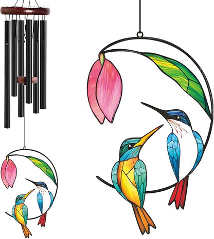 Personalized Metal Wind Chime Garden Sign, 40 Inch Outdoor Colorful Bird & Flower Memorial Decor, Yard Hanging Plaque for Patio Porch Lawn (JSTY363)