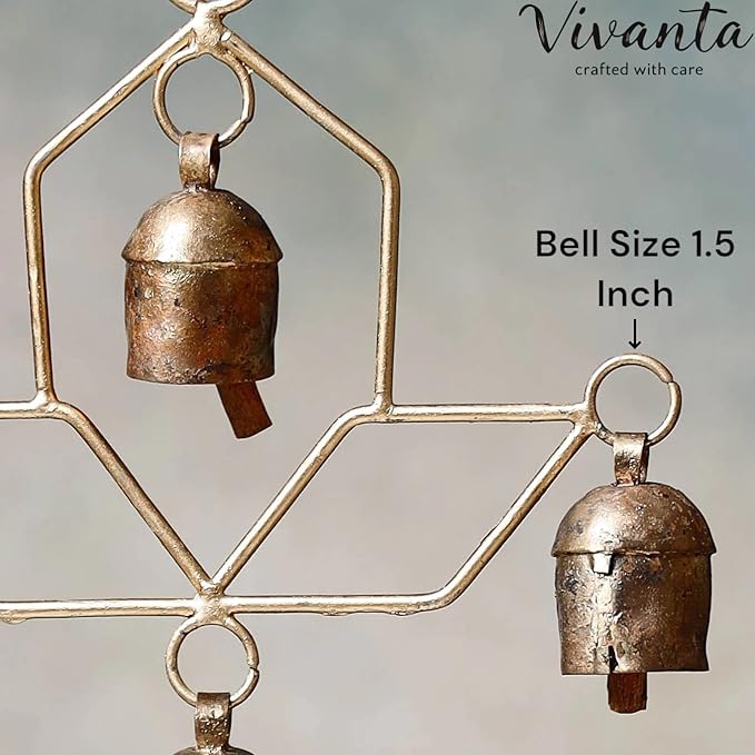 Handmade Wind Chime Bell – Rustic Hanging 4 Bell for Porch, Garden, Balcony, Christmas Decor – Farmhouse Jingle Bells, Witch Bells, Lucky Cow Bells, Boho Ornament Indoor Outdoor - 8 x 4 Inch