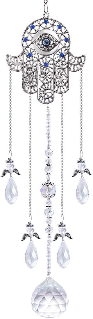 19inch Hanging Crystal Blue Evil Eye Protection Pendant Hamsa Hand Suncatcher Angel Wing Decor for Christmas Tree Prism Sun Catchers Indoor Window Decoration Charm