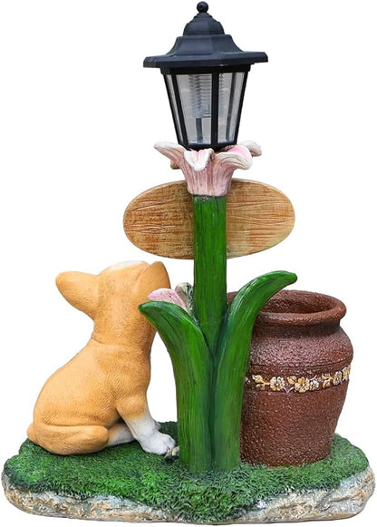 Solar Light Animal Outdoor Statue Planter with Welcome Sign, Resin Garden Sculpture Flower Pot for Patio Lawn Porch Yard Courtyard Decor, Weather-Resistant Decorative Figurine Accent (O)