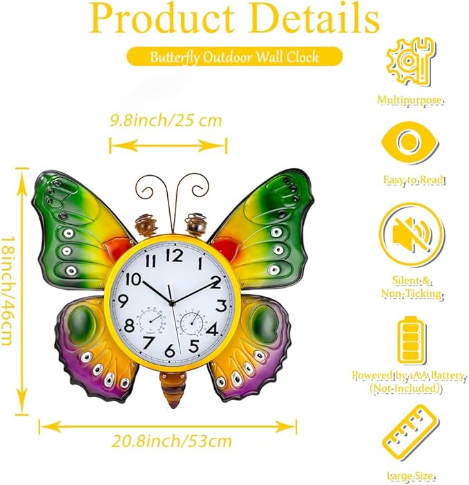 Large Outdoor Clock with Thermometer & Humidity - Silent Non-Ticking, Butterfly Outdoor Wall Clock for Patio, Garden, Kitchen, Living Room(Green & Gold)