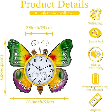Large Outdoor Clock with Thermometer & Humidity - Silent Non-Ticking, Butterfly Outdoor Wall Clock for Patio, Garden, Kitchen, Living Room(Green & Gold)