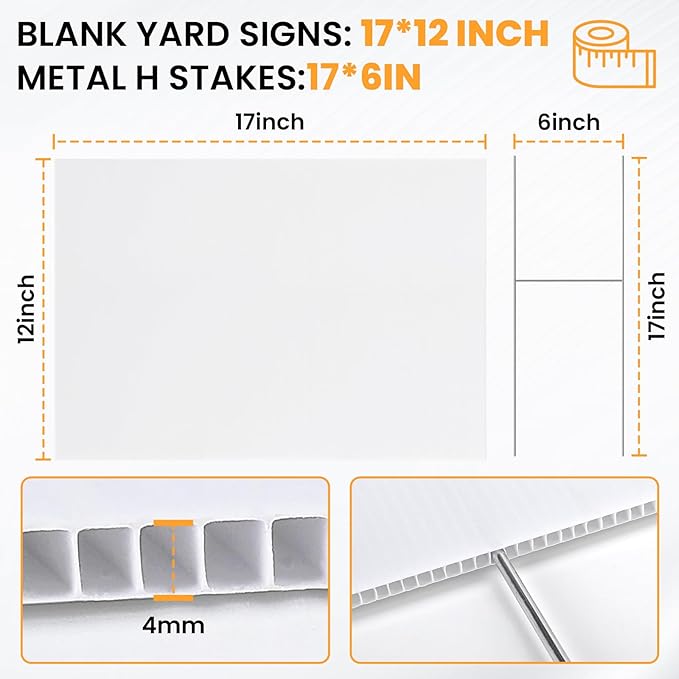 10 Pack Yard Signs with Metal Stakes, Custom Yard 17 x 12 Inches, Corrugated Plastic Board for Sale Sign Outdoor, Rent, Guidepost, Garage Sale Signs, Birthday Party