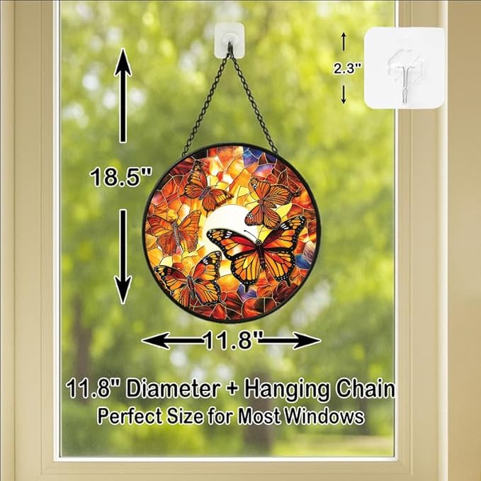 Stained Glass Window Hanging - Dragonfly in Garden 11.8in Sun Catchers Indoor Stained Glass Panels Wall Decor for Mom Wife Lovers Festive