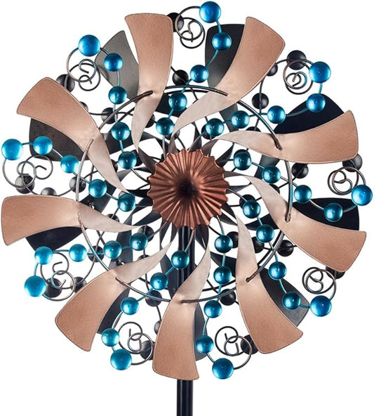 VEWOGARDEN Kinetic Wind Spinners Outdoor 13" Dia Metal Wind Spinner with Stakes Yard Art for Garden Patio Lawn Decorations, Blue & Antique Bronze