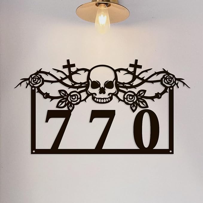 Personalized Gothic House Number metal Signs,Custom Address Number Metal Wall Art Decor,Black Plaques Outdoor wall Decorative Signage,Shed(8-30 Inches) (Rose Skull)