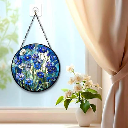 Stained Glass Window Hanging - Blue Floral Pattern 7.8 Inches Suncatcher for Garden Home Decor for Women Mon Grandma Friends