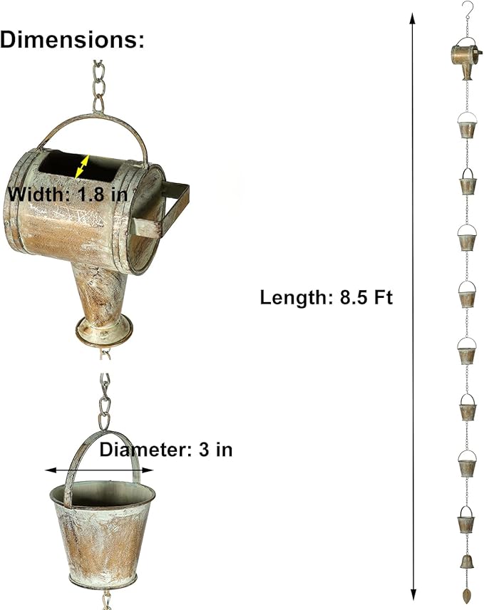 Jemeni 8.5Ft Decorative Rain Chain with Watering Can & Buckets - Rustic Copper Patina Finish, Garden Rainwater Decor for Patio & Yard