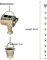 Jemeni 8.5Ft Decorative Rain Chain with Watering Can & Buckets - Rustic Copper Patina Finish, Garden Rainwater Decor for Patio & Yard