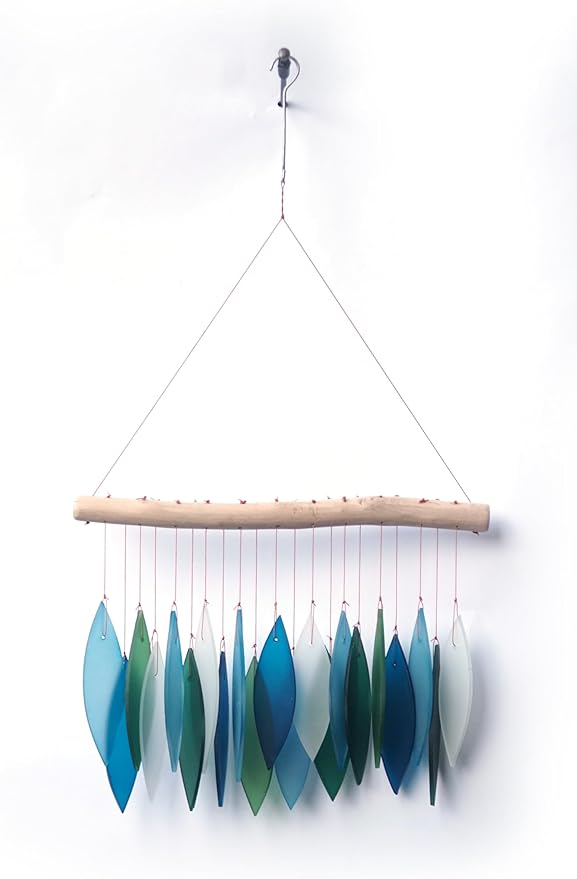 Sunset Vista Designs Handcrafted Driftwood and Sea Glass Featherline Wind Chime, Large, Blue Lagoon