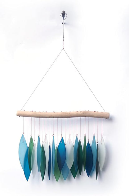 Sunset Vista Designs Handcrafted Driftwood and Sea Glass Featherline Wind Chime, Large, Blue Lagoon