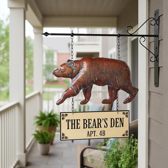 Bear Statue Outdoor Haning Decor for Yard and Garden,27“L x 22”H Vintage Grizzly Garden Statues and Sculptures with Arrow & Bracket,Antique Copper Walking Bear Metal Yard Art for Outside Porch