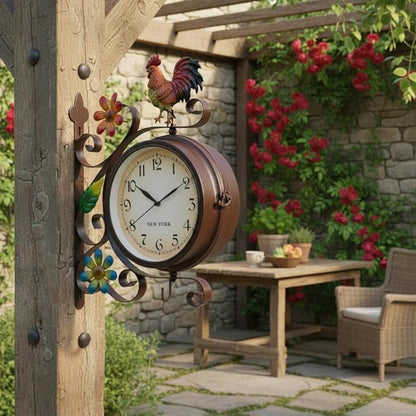 Vintage Indoor Outdoor Clock - Silent Non-Ticking, Double Sided Wall Clock with Rooster Decor Waterproof for Garden, Patio, Yard, Farmhouse, Home Décor (Orange)