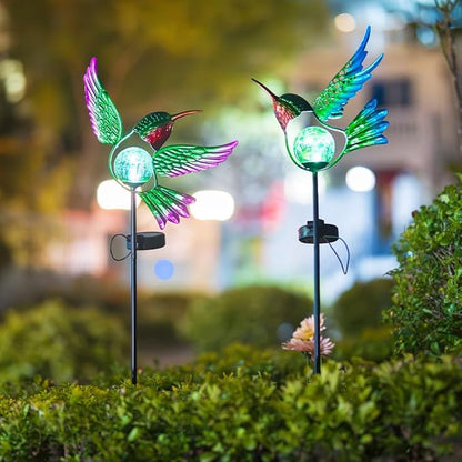 Hummingbird Solar Garden Lights with Stake 2 Pack,Bird Pathway Solar Outdoor Crackle Glass Globe Light for Garden,Walkway,Pathway,Yard,Lawn