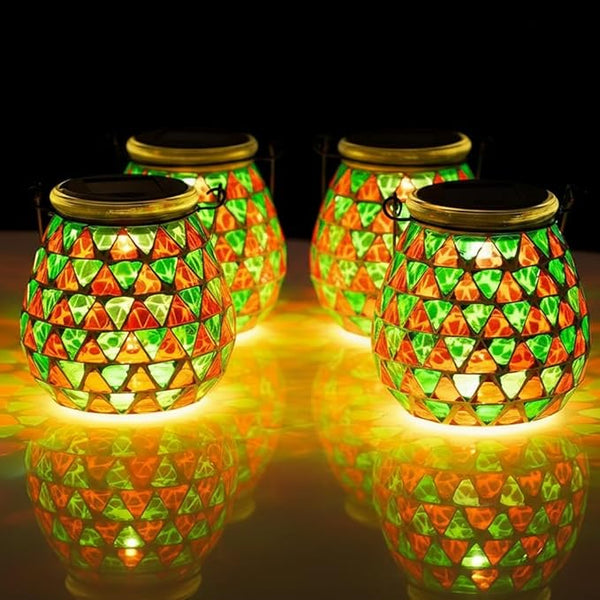 Starsoul 4 Pack Solar Lanterns Outdoor Waterproof, Vibrant Mosaic Hanging Solar Lights, Decorative Solar Lantern for Outside Garden Decor