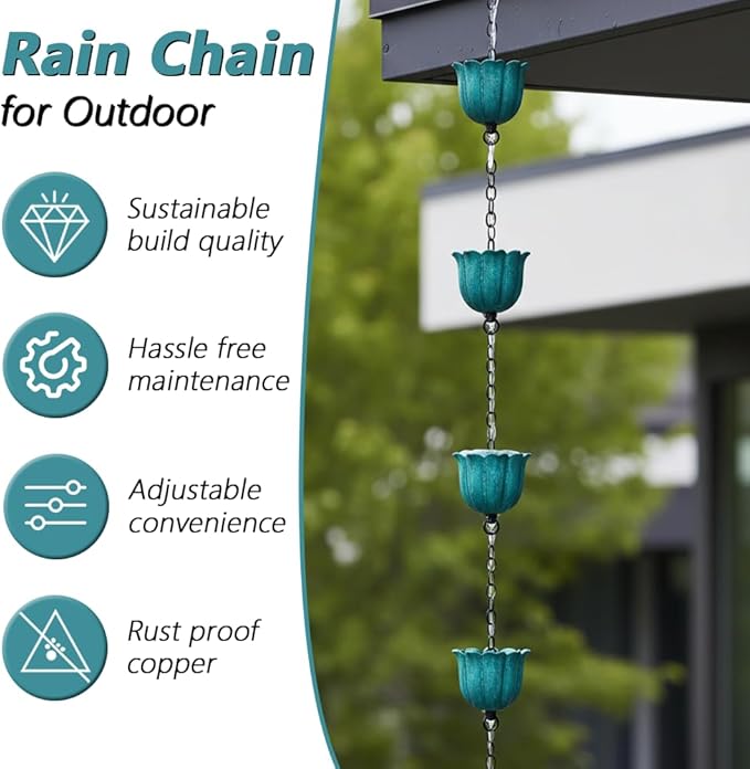 8ft Rain Chains for Gutters, Lotus Rain Chain with 10-Cup, Adjustable Rain Catcher Chain with Bell, Replacement Downspout for Gutters, Eaves, Drainage