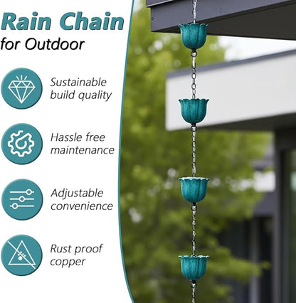 8ft Rain Chains for Gutters, Lotus Rain Chain with 10-Cup, Adjustable Rain Catcher Chain with Bell, Replacement Downspout for Gutters, Eaves, Drainage