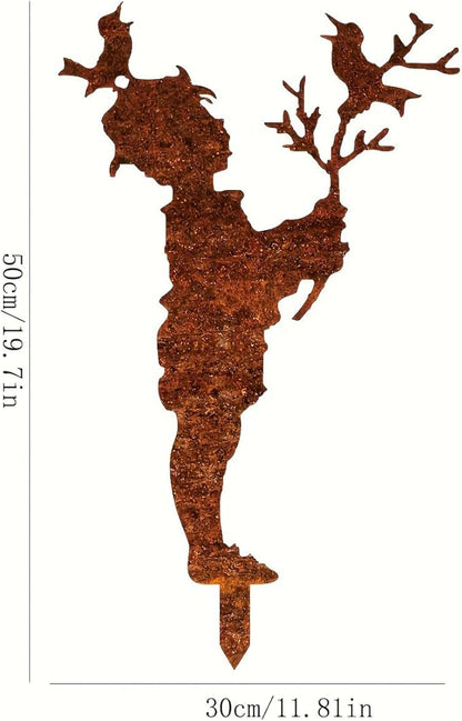 Metal Boy & Bird Garden Statue - Rustic Floor Standing Outdoor Decor for Lawn, Patio - Heartwarming Gift for Mother’s Day, Weddings(50cm/19.7in)