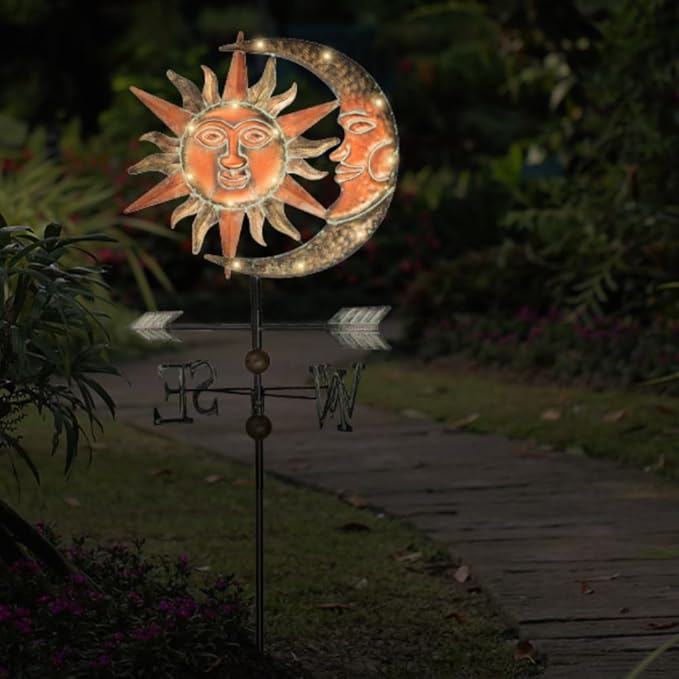 TERESA'S COLLECTIONS Sun & Moon Face Solar Outdoor Lights, Metal Decorative Stake Weathervane Garden Decor for Outside, Yard Decorations Outdoor Lawn Ornaments for Porch Decor Gifts for Mom, 40"