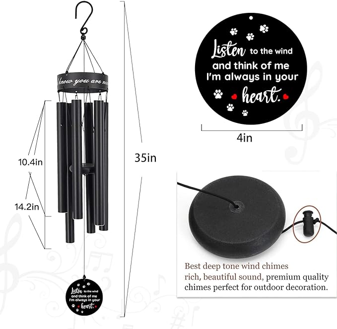 Pet Memorial Wind Chime, 30 Inches Paw Print Pet Remembrance Gift to Honor and Remember a Dog, Cat, or Other Pet, Premium Metal Wind Chime, Black