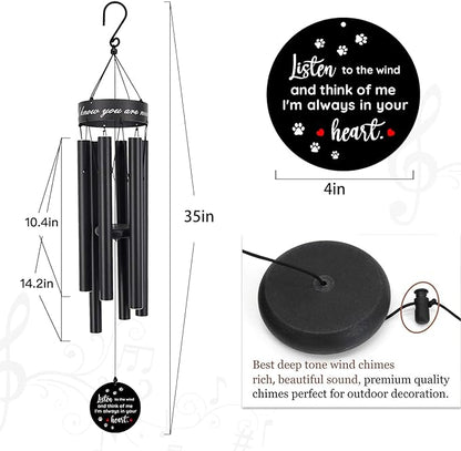 Pet Memorial Wind Chime, 30 Inches Paw Print Pet Remembrance Gift to Honor and Remember a Dog, Cat, or Other Pet, Premium Metal Wind Chime, Black
