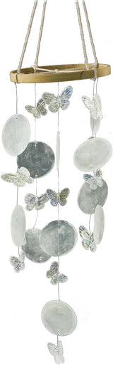 Wind Chimes Outdoor with Round Capiz Shells Butterfly,Ocean Theme Party Decorations Memorial Wind Chimes Suitable for Indoor Garden Patio Front Porch Decoration(White 13inch)