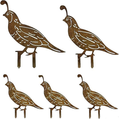 5 Pack Rusty Quail Family Decorative Garden Stakes Metal Birds Statues for Yard Decor Lawn Ornaments