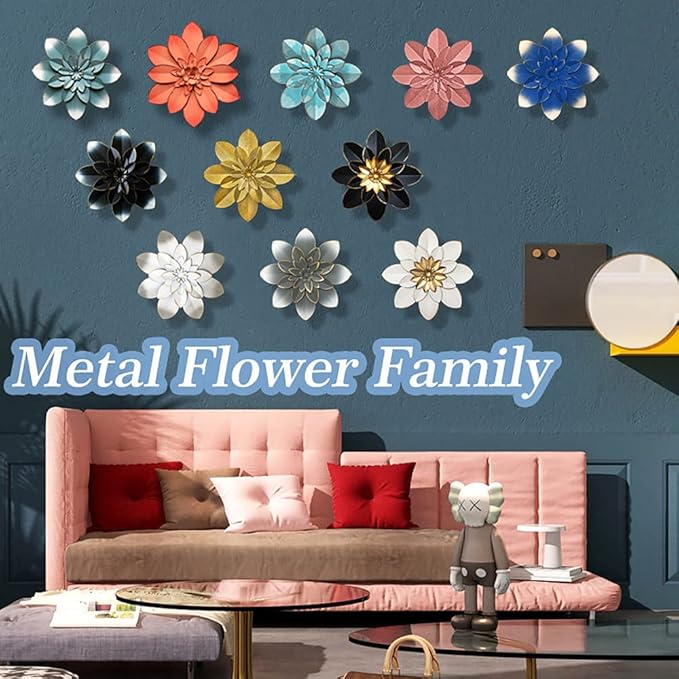 Metal Flower Wall Art Decor, 9.5“ Rustic Modern Floral Sculpture, Distressed Iron Wall Hanging Home Decoration Accent Artworks for Indoor Kitchen Bedroom Living Room Office Outdoor Garden Patio