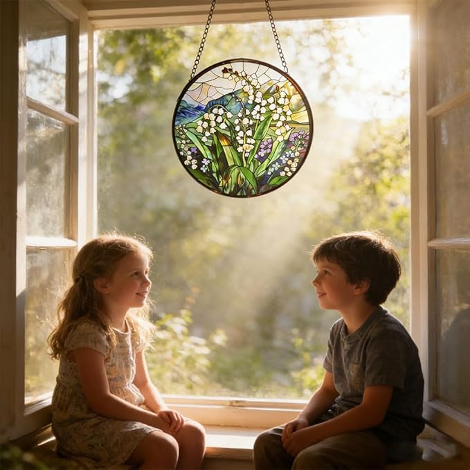 Stained GlassLily of the Valley Suncatcher with Flowers and Green Leaves Window Hanging for Door Home Decor for Bird Lover Garden Gift for Valentine's Day Mother's Day Housewarming 7.8 in