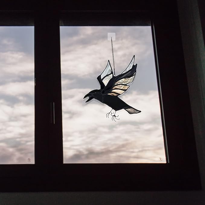 BOXCASA Raven Stained Glass Window Hangings,Crow Decorations for Halloween,Bird Suncatcher for Windows,Balconies,Yards,Walls