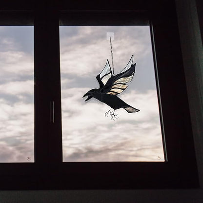 BOXCASA Raven Stained Glass Window Hangings,Crow Decorations for Halloween,Bird Suncatcher for Windows,Balconies,Yards,Walls