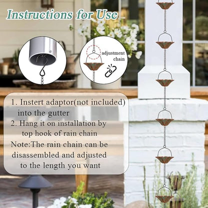 10 FT Lotus Rain Chain, Rain Chains for Gutters with 12 Bronze Cups, Adjustable Rain Catcher Chain with Bell for Eaves Drainage, Replacement for Downspout