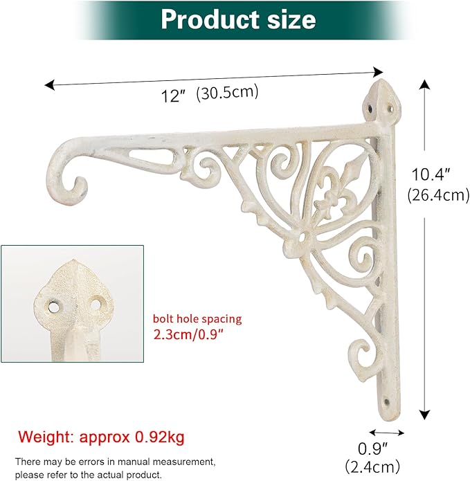 Sungmor Decorative Cast Iron Wall Bracket for Hanging Baskets – 2 Pack Heavy Duty Plant Hanger Hook for Outdoor/Indoor Use – Vintage White Metal Hanging Bracket for Lanterns, Bird Feeders, Signs