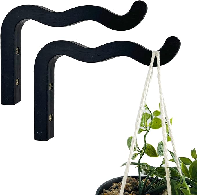 EvenWood 2-Piece Set of Wavy Wooden Wall Planters for Indoor Plants 6 Inch - Natural Plant Hook for Wall Plant, Wind Chimes, Flower Brackets, Patio Garden Decorations - Bracket Plant Hanger (Black)
