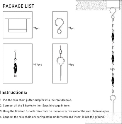 Rain Chain Bird Cage Set 8.5Ft, Not Rust Wrought Iron Rain Chains for Gutters with Adapter Gotta Drain and Rain Sturdy Anchoring Stake,13 Birdcage, 1 Hook, Adjustable Length for Garden (Gold)