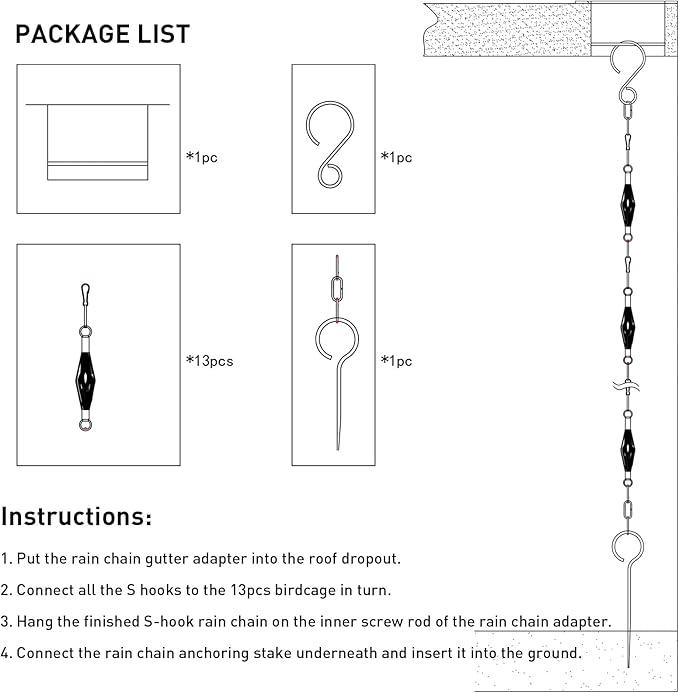 Rain Chain Bird Cage Set 8.5Ft, Not Rust Wrought Iron Rain Chains for Gutters with Adapter Gotta Drain and Sturdy Anchoring Stake,13 Birdcage, 1 Hook, Adjustable Length for Garden (Cyan)