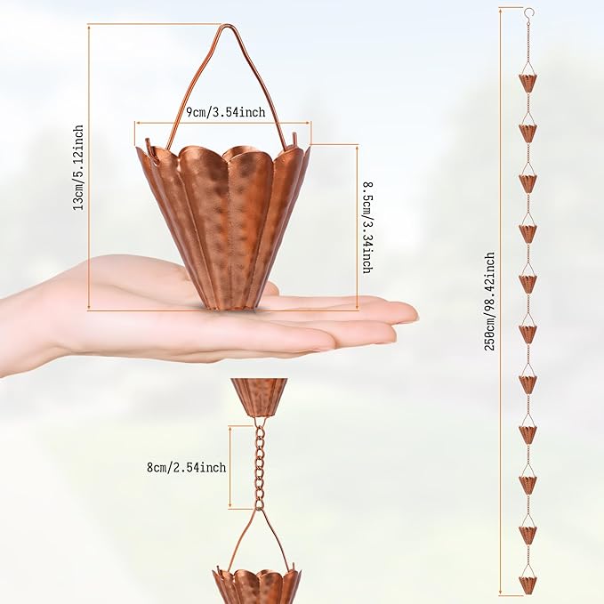 Copper Petal-Shaped Rain Chain, 98.42" Metal Rain Catcher Chain for Gutters, Decorative Outdoor Rain Chain with Hammered Finish, Garden Downspout Extension Replacement Ornament