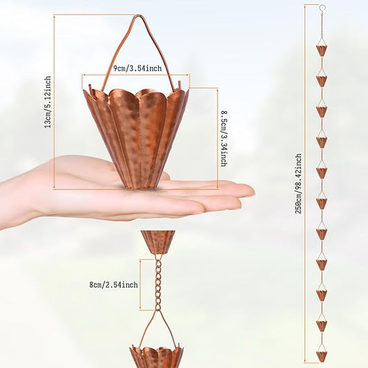 Copper Petal-Shaped Rain Chain, 98.42" Metal Rain Catcher Chain for Gutters, Decorative Outdoor Rain Chain with Hammered Finish, Garden Downspout Extension Replacement Ornament