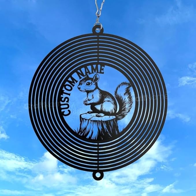 Personalized Squirrel Metal Wind Spinner, Custom Hanging Decoration for Outdoor Spaces, Kinetic Wildlife Ornament, Woodland Gift (Squirrel Garden Wind Spinner)