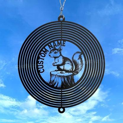 Personalized Squirrel Metal Wind Spinner, Custom Hanging Decoration for Outdoor Spaces, Kinetic Wildlife Ornament, Woodland Gift (Squirrel Garden Wind Spinner)