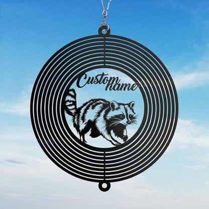 Personalized Raccoon Metal Wind Spinner, Custom Hanging Decoration for Outdoor Display, Kinetic Forest Ornament, Woodland Gift (Raccoon Garden Wind Spinner)