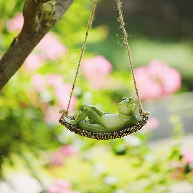 Frog Statues for Garden Outdoors Hanging Sleeping Frog Sculptures Swing Home Décor (Viridity)
