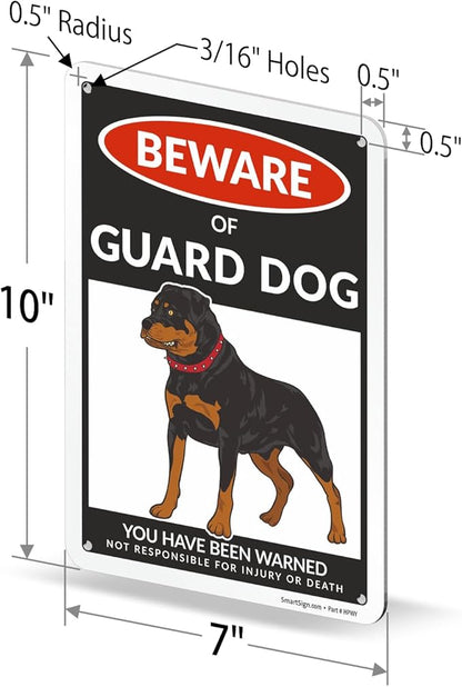 SmartSign Beware Of Guard Dog Warning Sign - 10"x7", 40 mil Laminated Rust-free Aluminum - Funny Metal Signs for Entrances, Outdoors, Patio, Gifts, Cafe - Guard Dog Theme, Made in USA