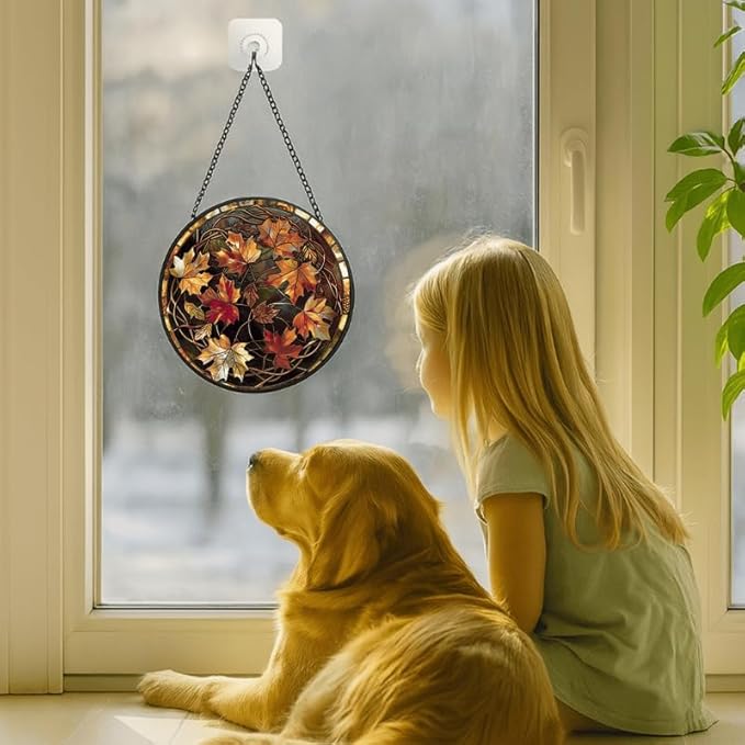 Round Autumn Maple Leaves Stained Glass Window Hanging Panel 6.3in – Elegant Fall Theme Suncatcher Wall Art for Home Window Decor and Gift