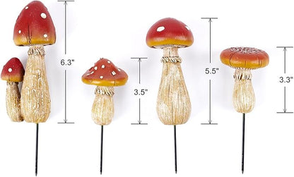 Mushroom Decor - Fairy Garden Accessories Outdoor Spring Patio Decoration 4 PCS Mushroom Statues with Stakes (Red2+Orange2)